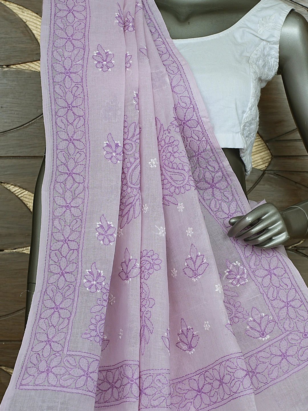 Ada Hand Embroidered Lavender Cotton Lucknowi Chikankari Saree and Blouse 01A872911