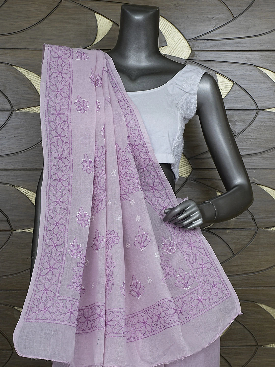 Ada Hand Embroidered Lavender Cotton Lucknowi Chikankari Saree and Blouse 01A872911