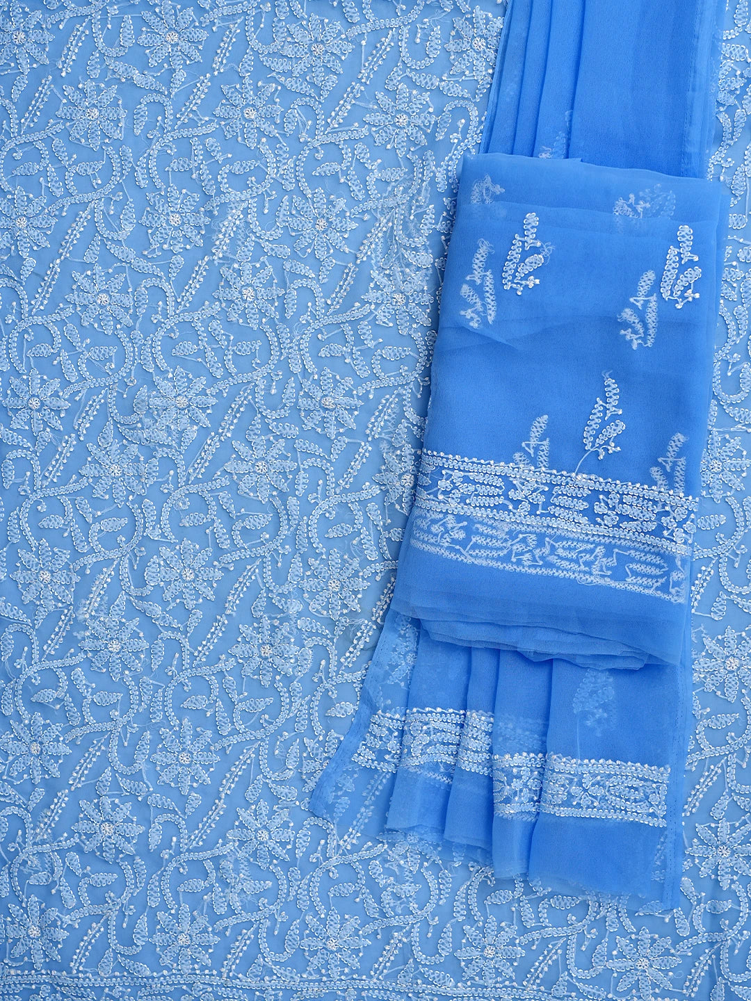 Ada Hand Embroidered Chefchaouen Blue Georgette Lucknowi Chikankari Unstitched Suit Piece 01A878910
