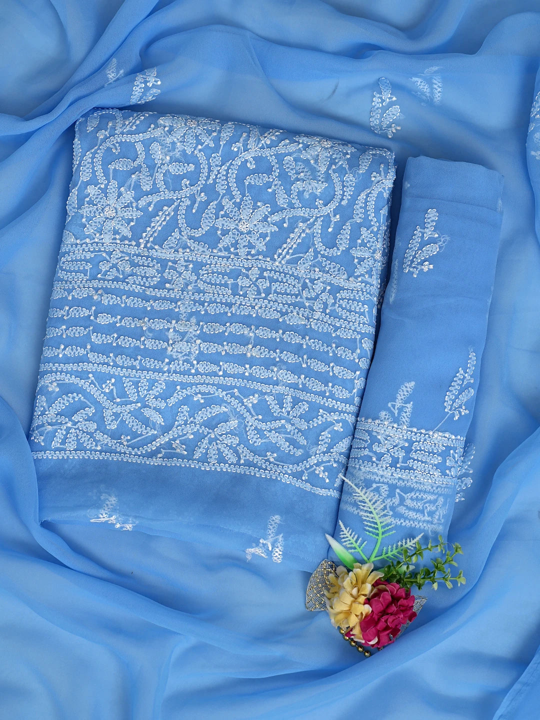 Ada Hand Embroidered Chefchaouen Blue Georgette Lucknowi Chikankari Unstitched Suit Piece 01A878910