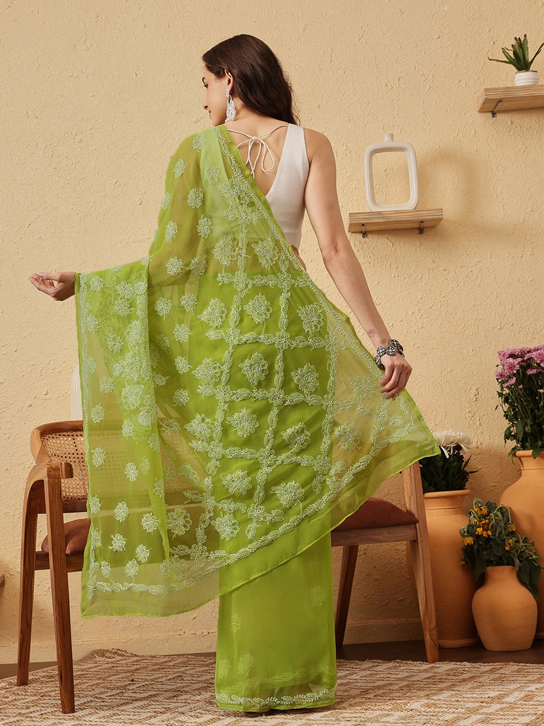 Ada Hand Embroidered Green Georgette Lucknowi Chikankari Saree With Blouse 01A853666
