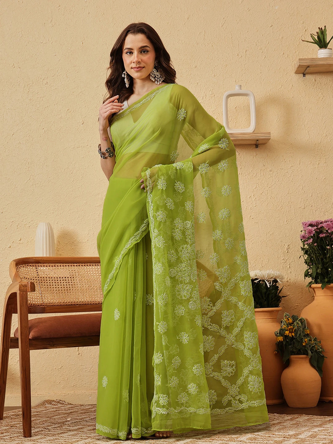 Ada Hand Embroidered Green Georgette Lucknowi Chikankari Saree With Blouse 01A853666