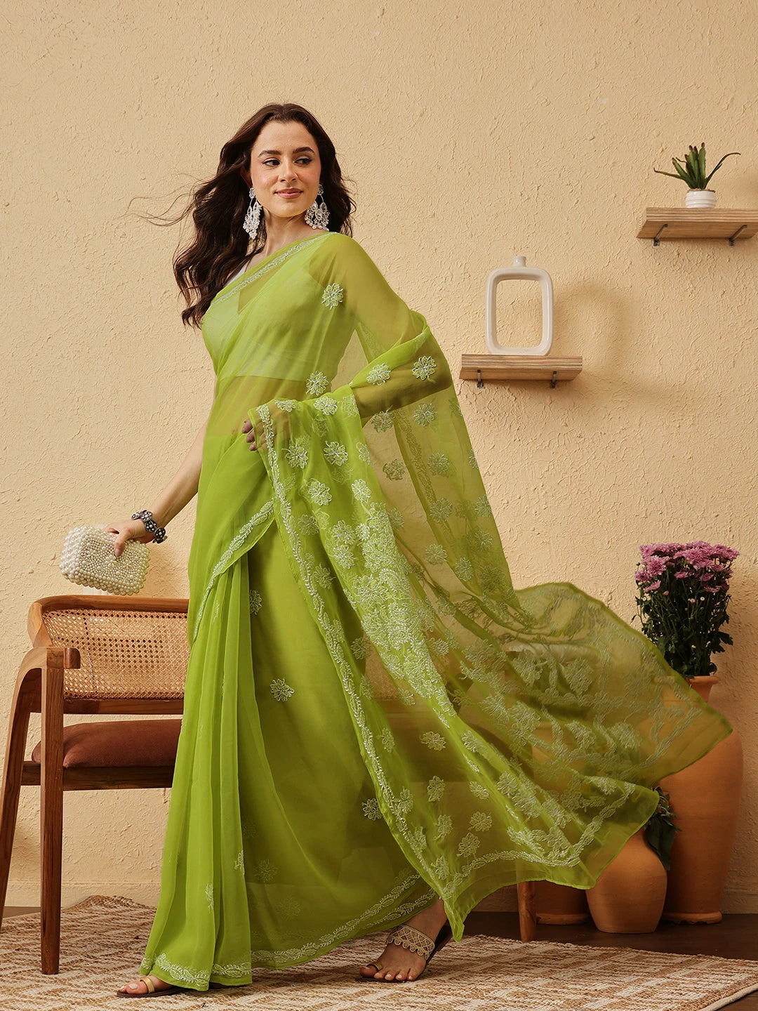 Ada Hand Embroidered Green Georgette Lucknowi Chikankari Saree With Blouse 01A853666