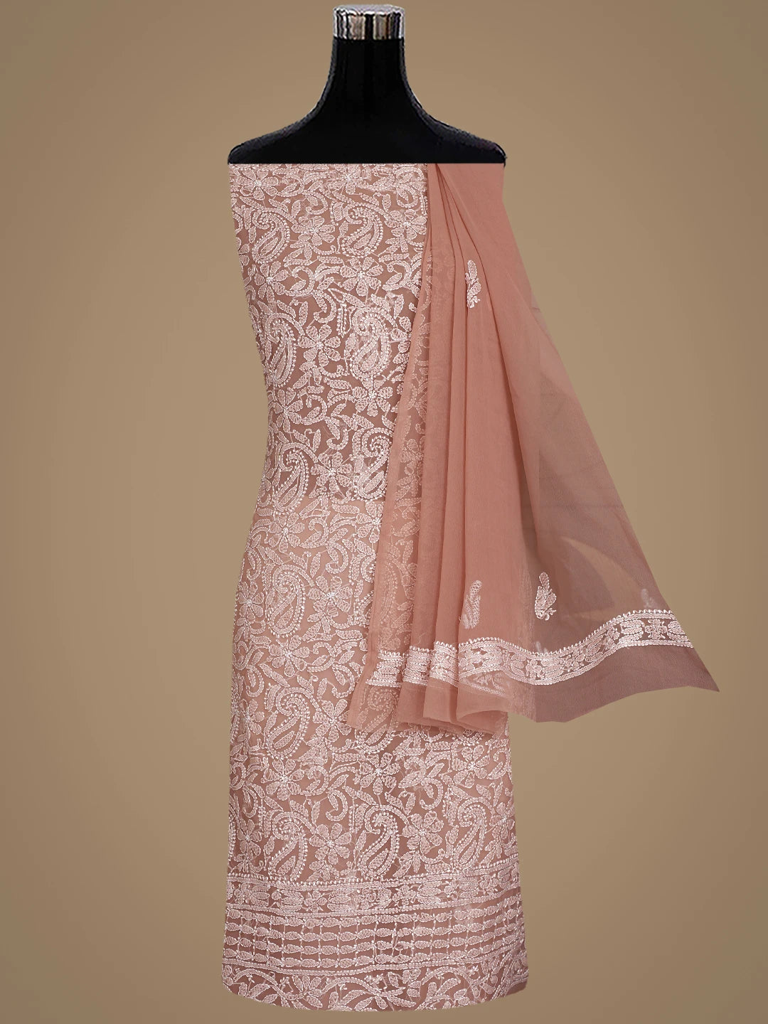 Ada Hand Embroidered Dusty Peach Georgette Lucknowi Chikankari Unstitched Suit Piece 01A878902