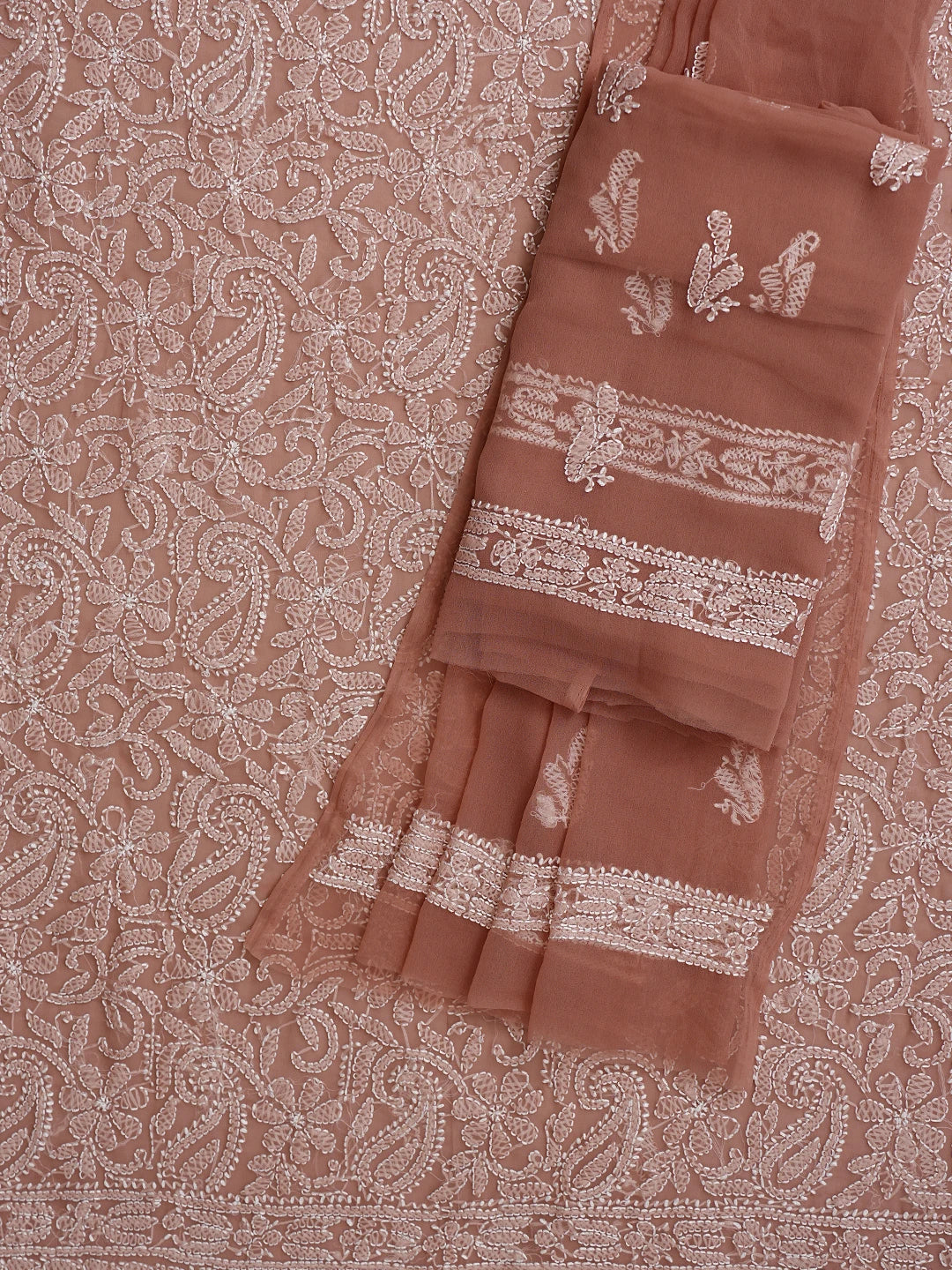 Ada Hand Embroidered Dusty Peach Georgette Lucknowi Chikankari Unstitched Suit Piece 01A878902