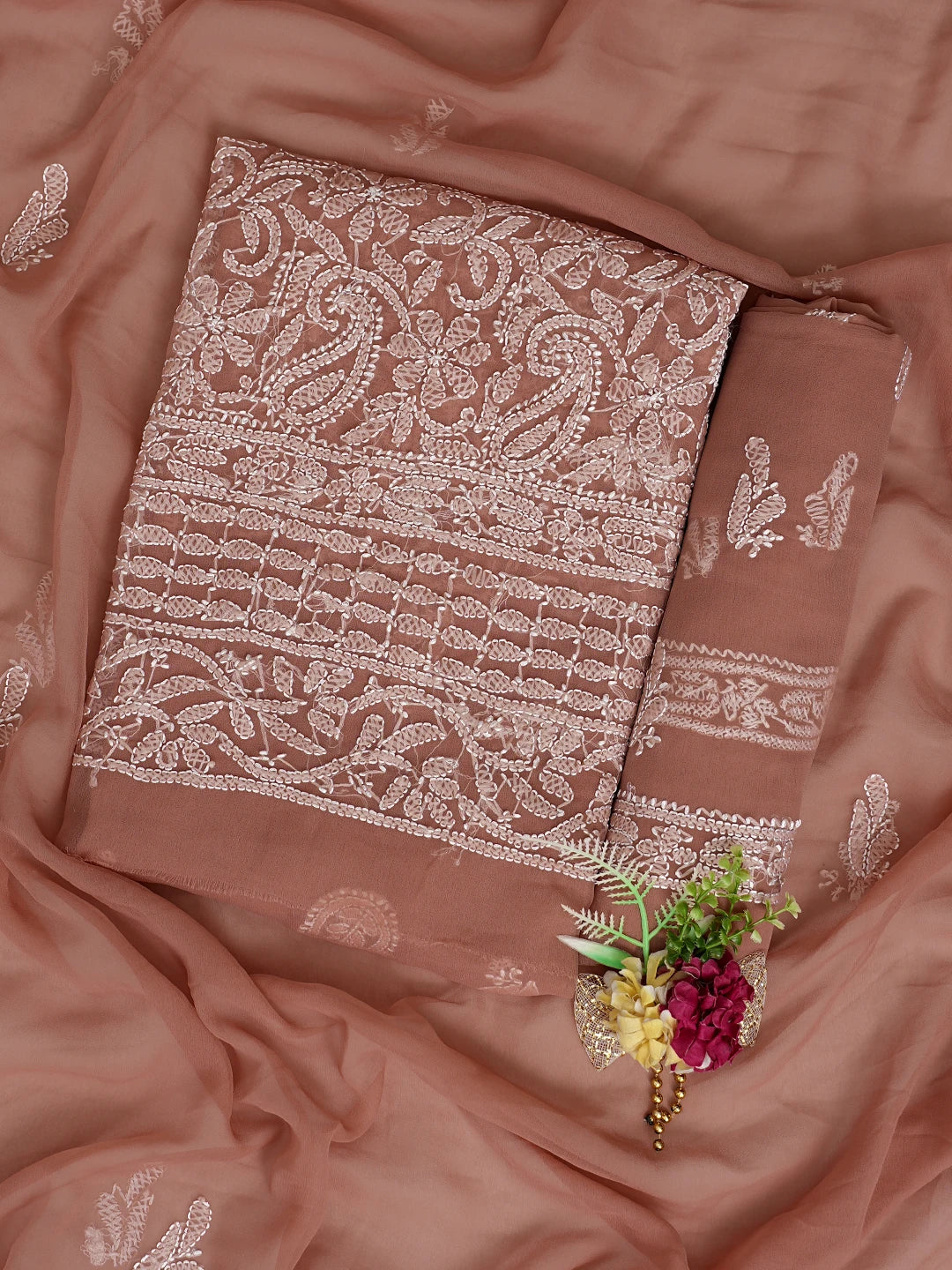 Ada Hand Embroidered Dusty Peach Georgette Lucknowi Chikankari Unstitched Suit Piece 01A878902