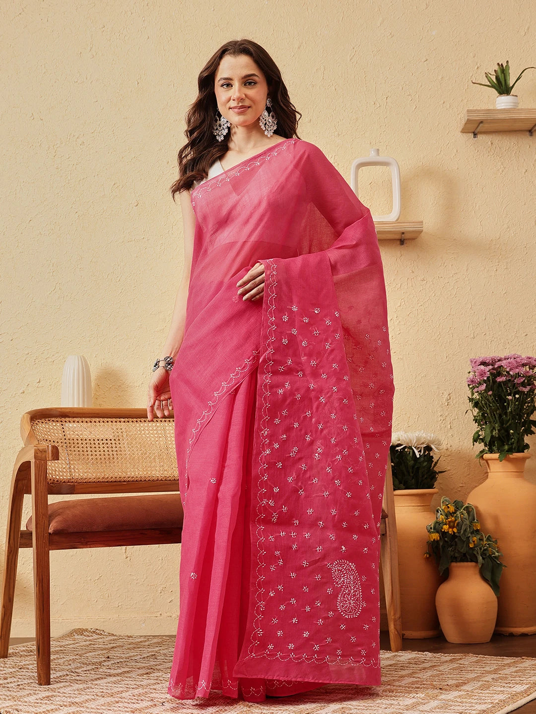 Ada Hand Embroidered Magenta Cotton Lucknowi Chikankari Saree and Blouse 01A854463