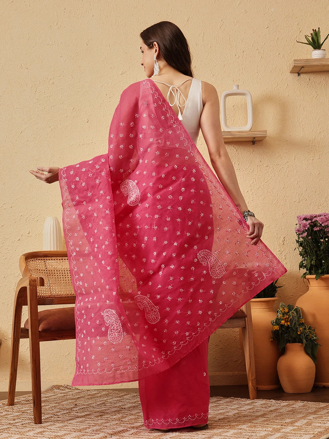 Ada Hand Embroidered Magenta Cotton Lucknowi Chikankari Saree and Blouse 01A854463