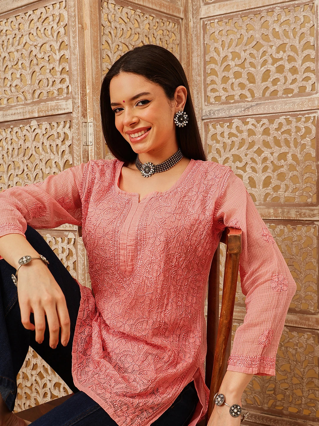 Ada Hand Embroidered Peach Kota Lucknowi Chikankari Short Kurti With Slip A911177