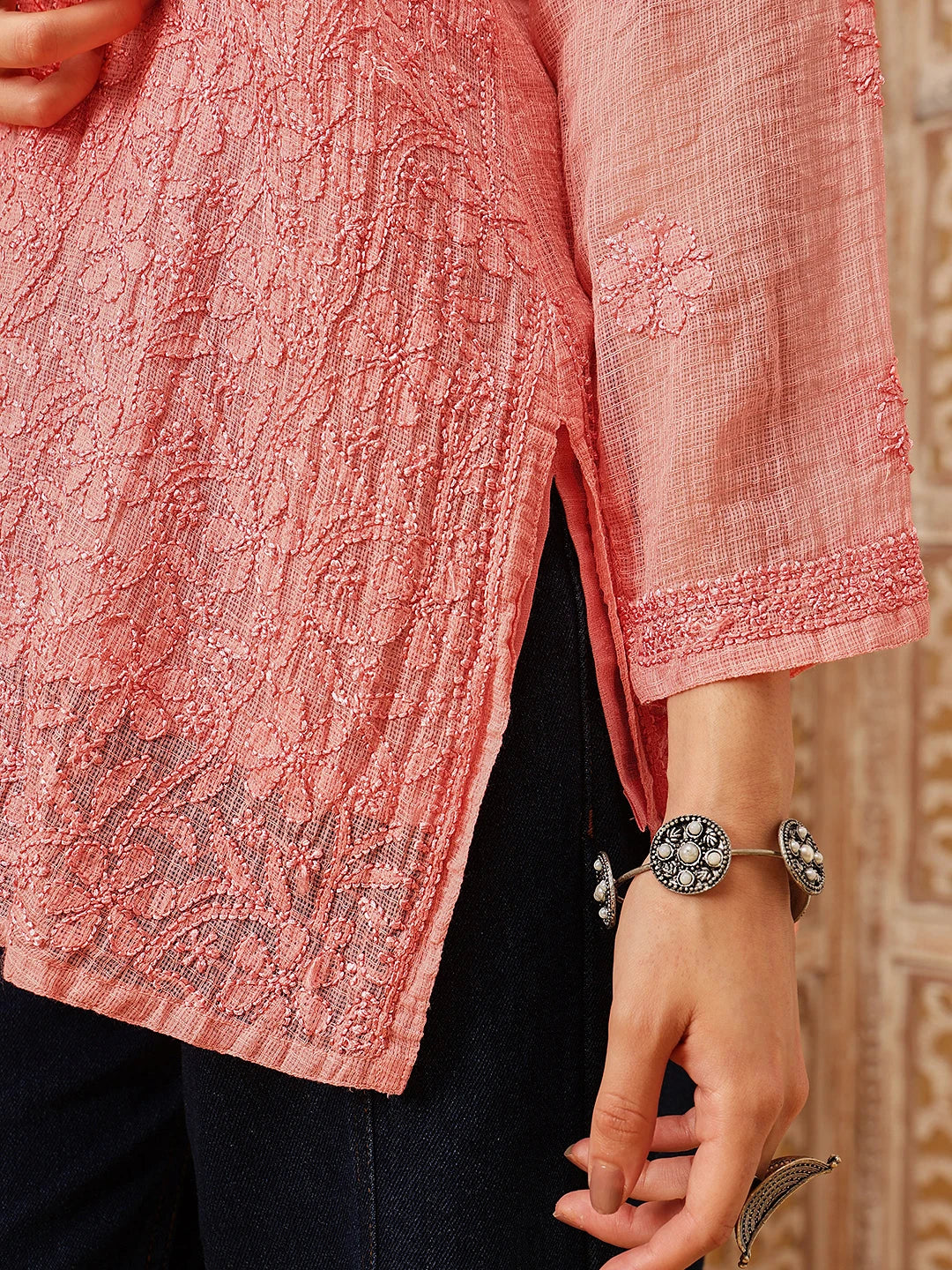 Ada Hand Embroidered Peach Kota Lucknowi Chikankari Short Kurti With Slip A911177