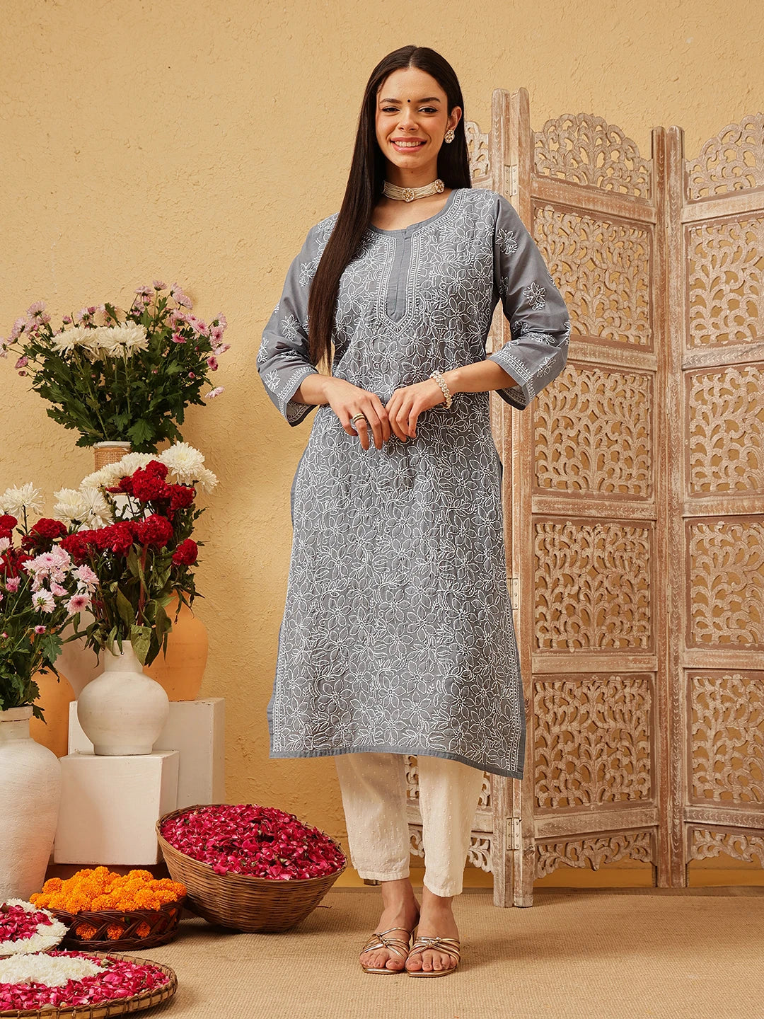 Ada Hand Embroidered Dark Grey Cotton Lucknowi Chikankari Straight Kurta A411796