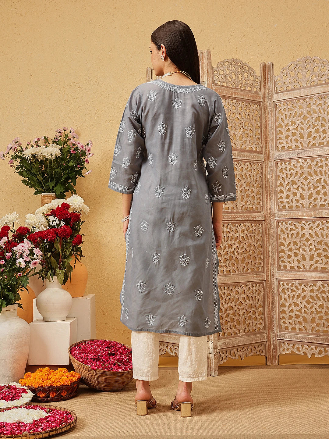 Ada Hand Embroidered Dark Grey Cotton Lucknowi Chikankari Straight Kurta A411796
