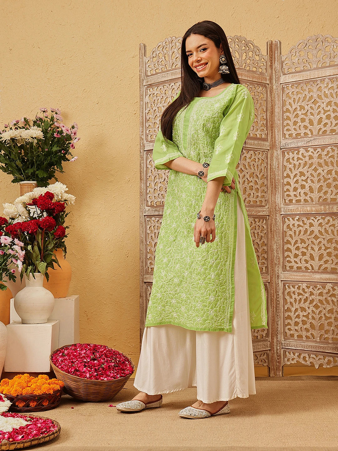 Ada Hand Embroidered Green Cotton Lucknowi Chikankari Straight Kurta A411792