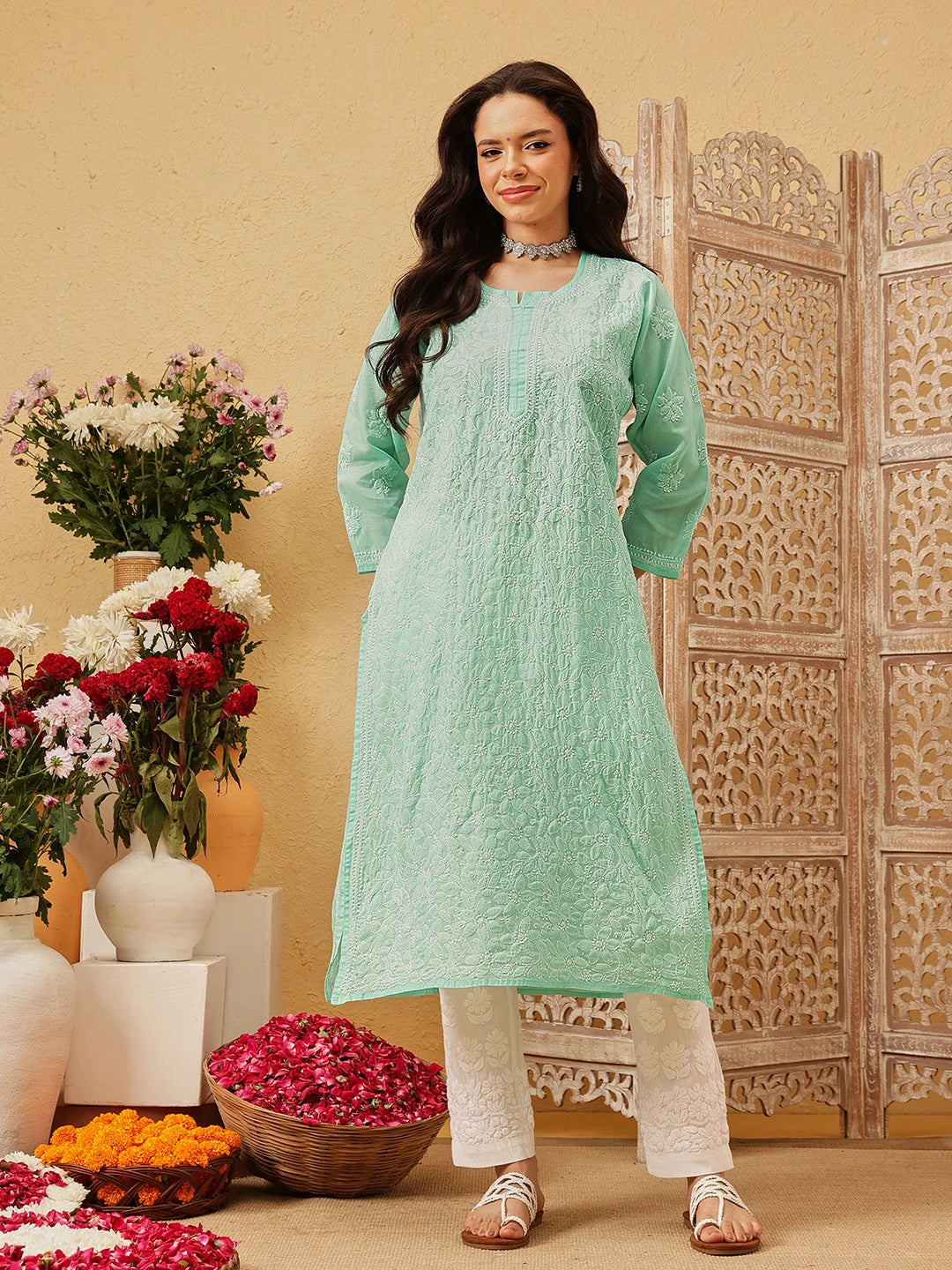 Ada Hand Embroidered Sea Green Cotton Lucknowi Chikankari Straight Kurta A411344