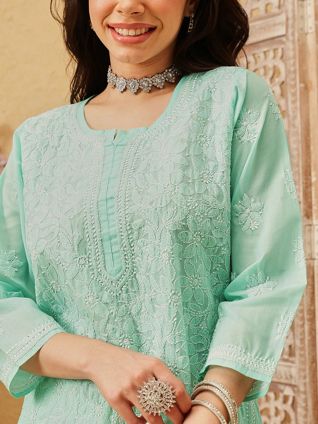 Ada Hand Embroidered Sea Green Cotton Lucknowi Chikankari Straight Kurta A411344