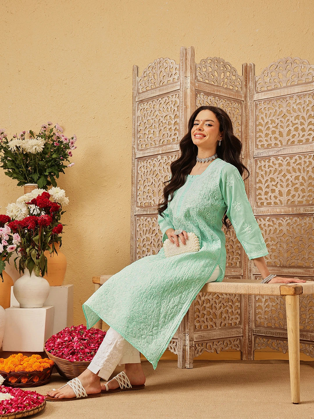Ada Hand Embroidered Sea Green Cotton Lucknowi Chikankari Straight Kurta A411344