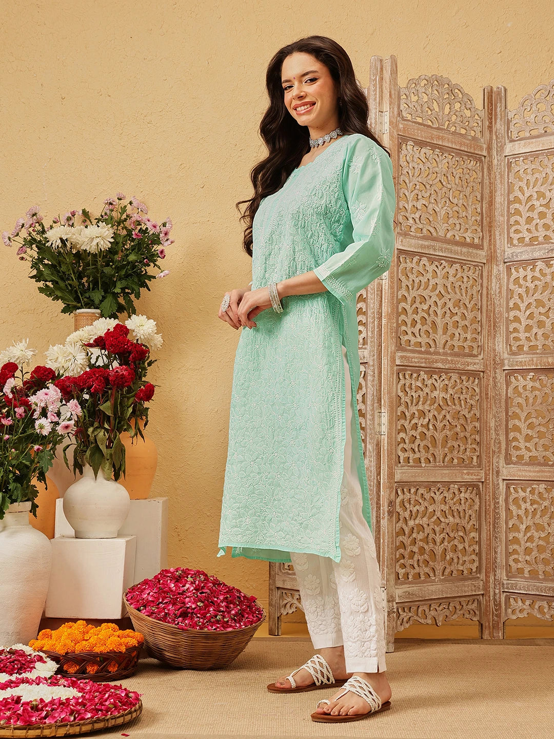 Ada Hand Embroidered Sea Green Cotton Lucknowi Chikankari Straight Kurta A411344