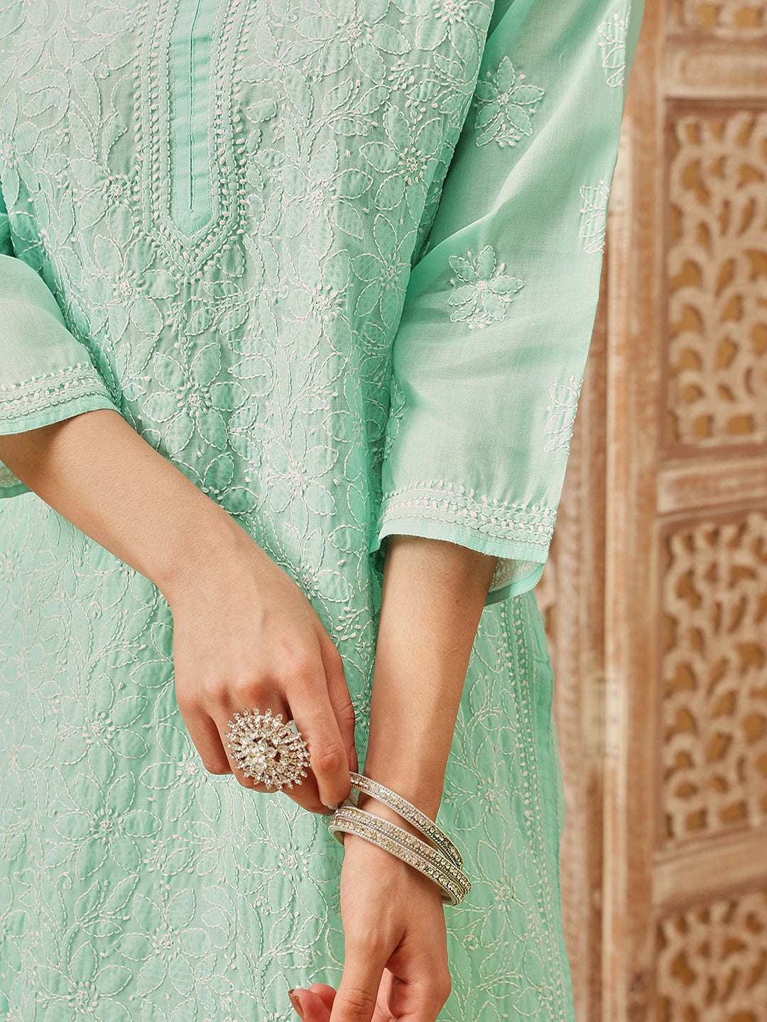Ada Hand Embroidered Sea Green Cotton Lucknowi Chikankari Straight Kurta A411344