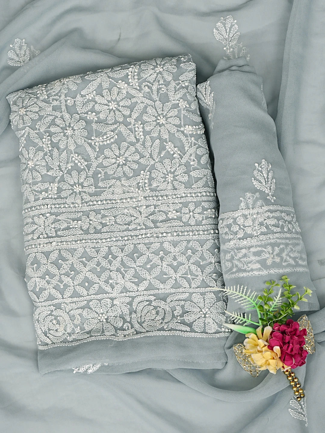 Ada Hand Embroidered Grey Georgette Lucknowi Chikankari Unstitched Suit Piece 01A878903