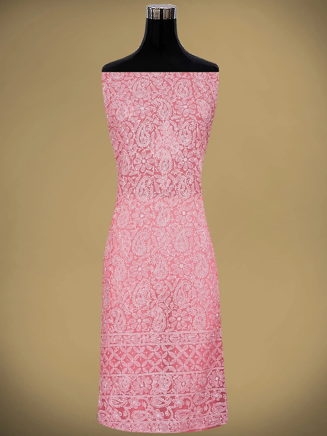 Ada Hand Embroidered Carrot Pink Georgette Lucknowi Chikankari Unstitched Suit Piece 01A878898