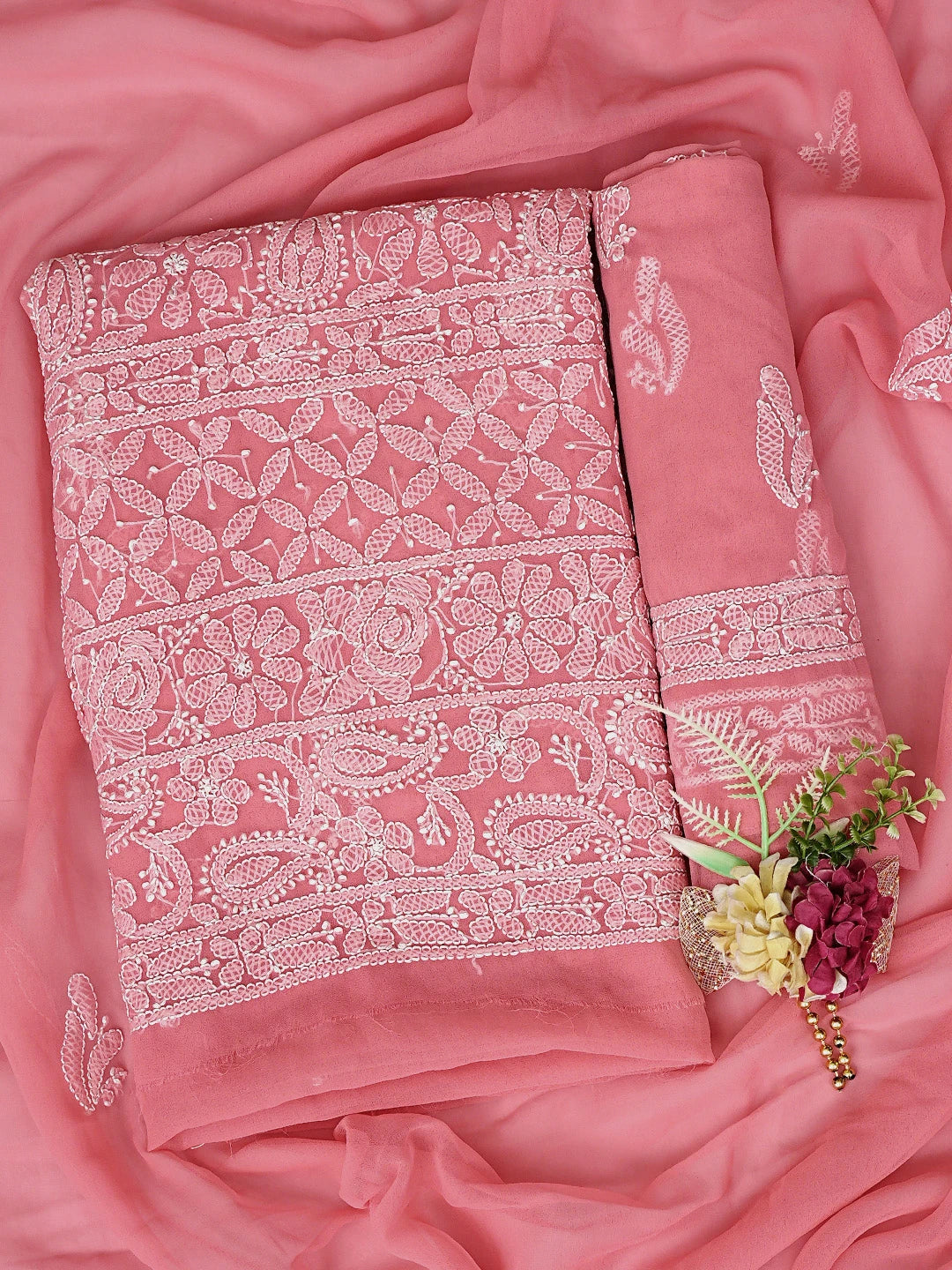 Ada Hand Embroidered Carrot Pink Georgette Lucknowi Chikankari Unstitched Suit Piece 01A878898