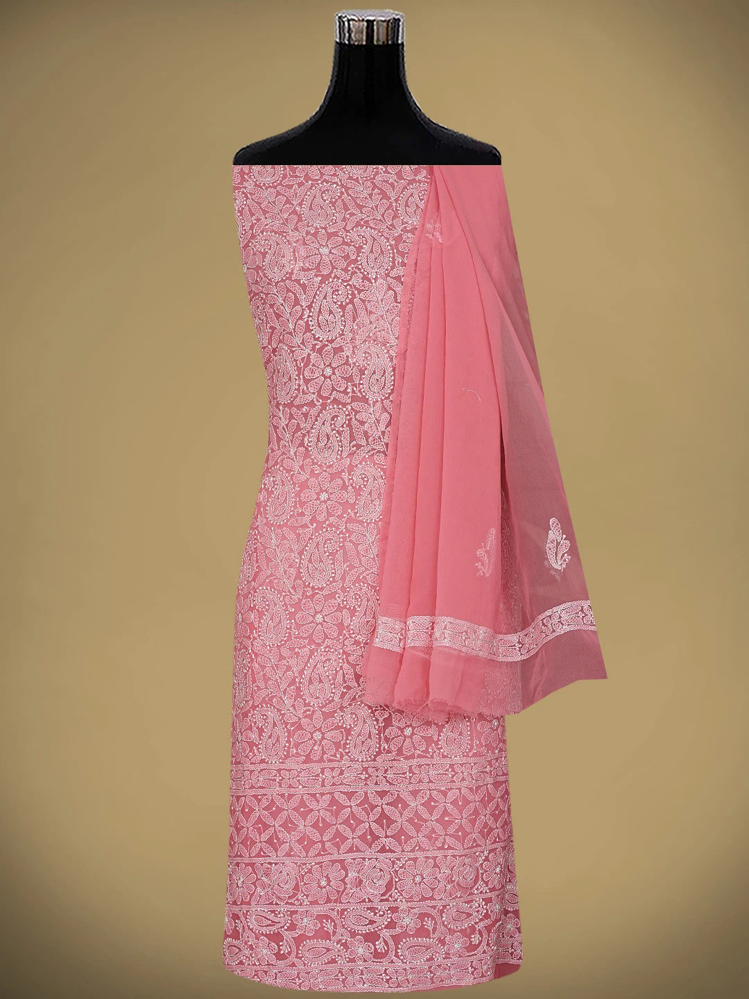 Ada Hand Embroidered Carrot Pink Georgette Lucknowi Chikankari Unstitched Suit Piece 01A878898