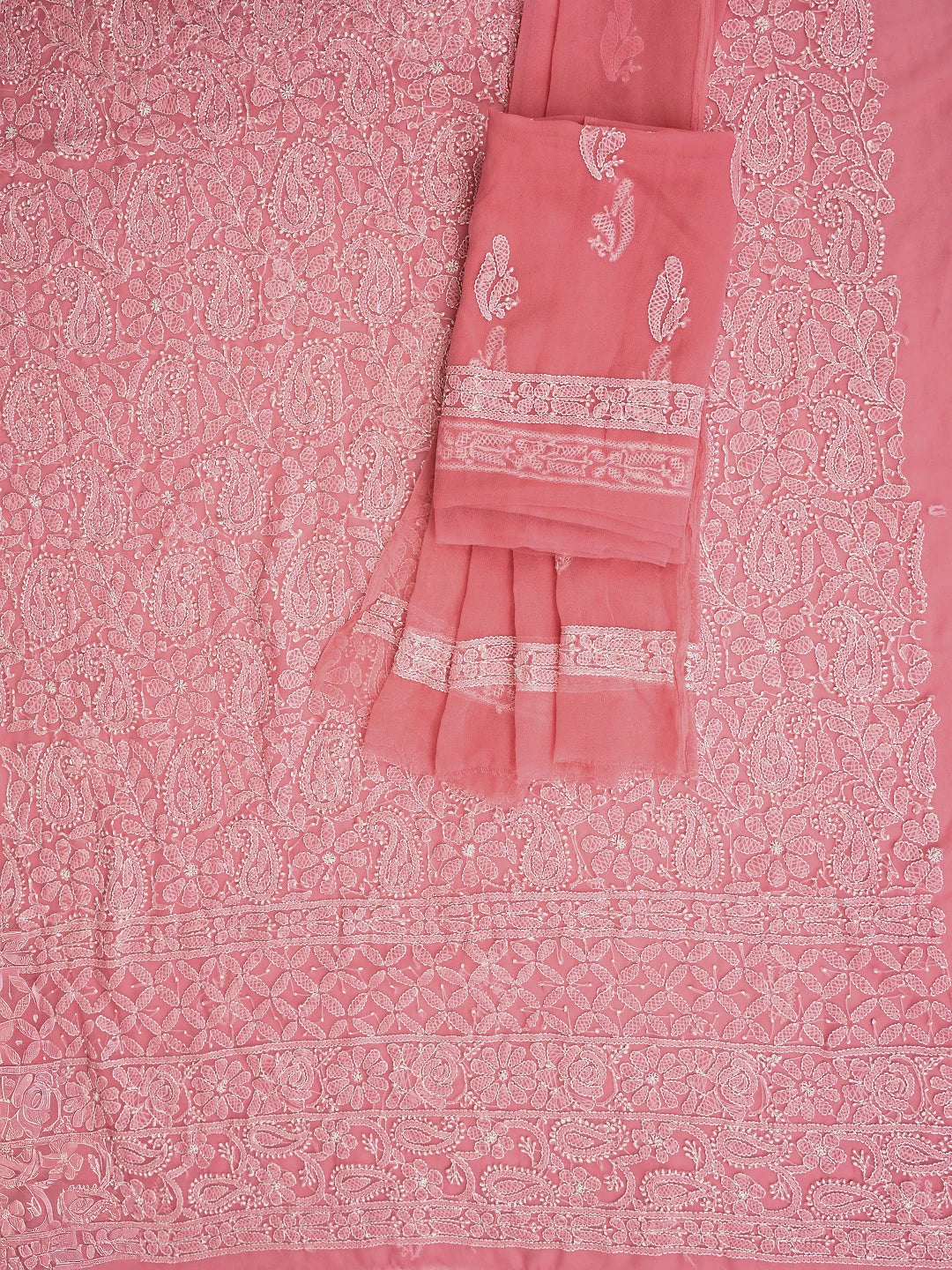 Ada Hand Embroidered Carrot Pink Georgette Lucknowi Chikankari Unstitched Suit Piece 01A878898