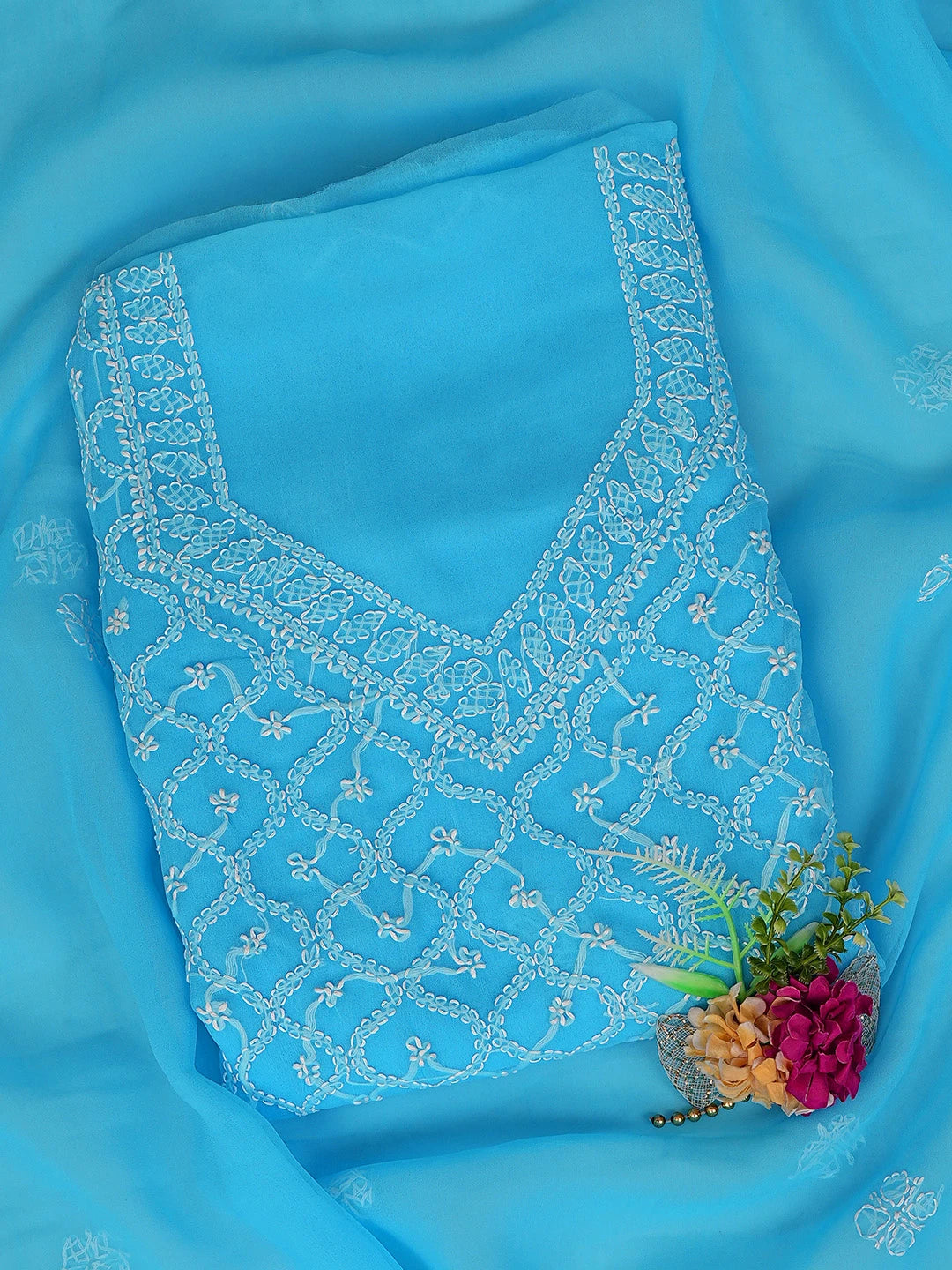 Ada Hand Embroidered Blue Georgette Lucknowi Chikankari Unstitched Suit Piece 01A879185