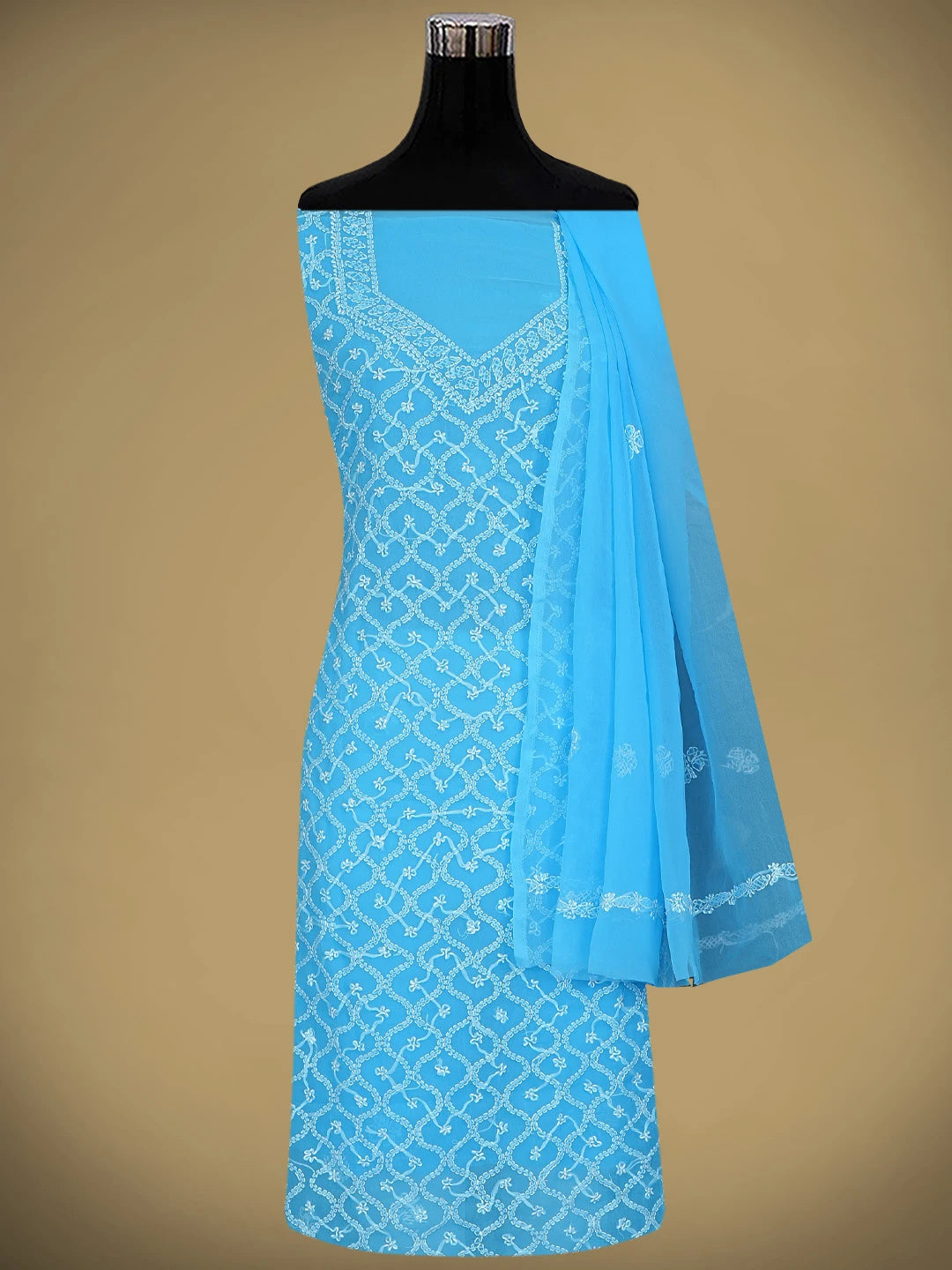 Ada Hand Embroidered Blue Georgette Lucknowi Chikankari Unstitched Suit Piece 01A879185