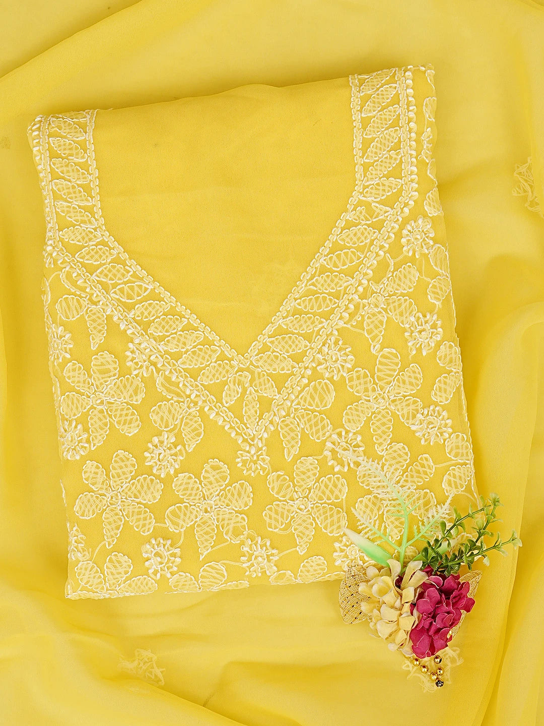 Ada Hand Embroidered Yellow Georgette Lucknowi Chikankari Unstitched Suit Piece 01A879218