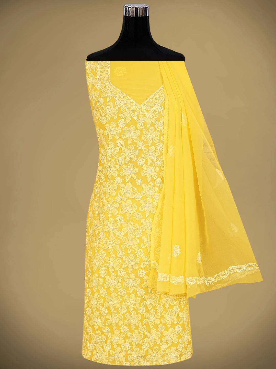 Ada Hand Embroidered Yellow Georgette Lucknowi Chikankari Unstitched Suit Piece 01A879218
