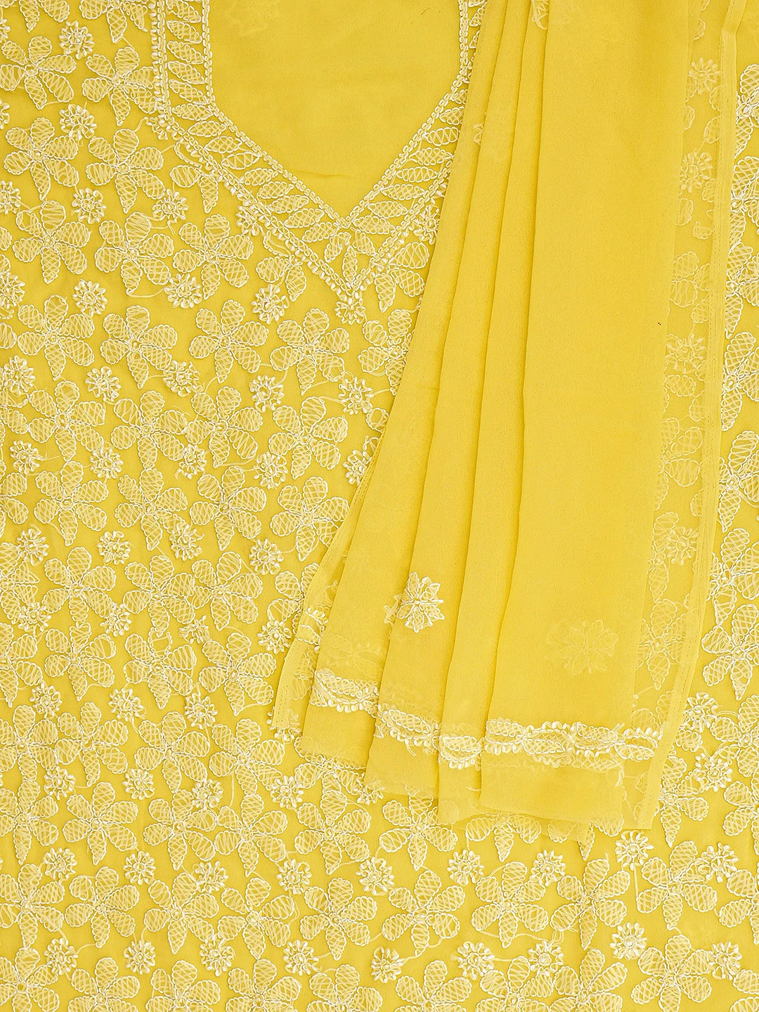 Ada Hand Embroidered Yellow Georgette Lucknowi Chikankari Unstitched Suit Piece 01A879218