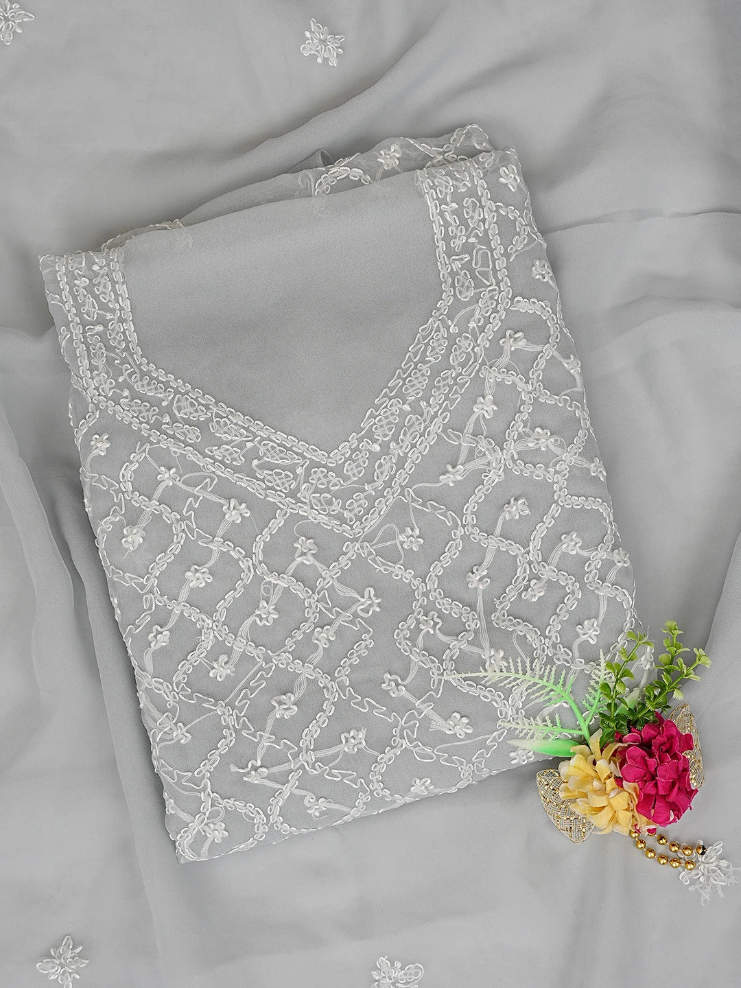 Ada Hand Embroidered Grey Georgette Lucknowi Chikankari Unstitched Suit Piece 01A879203