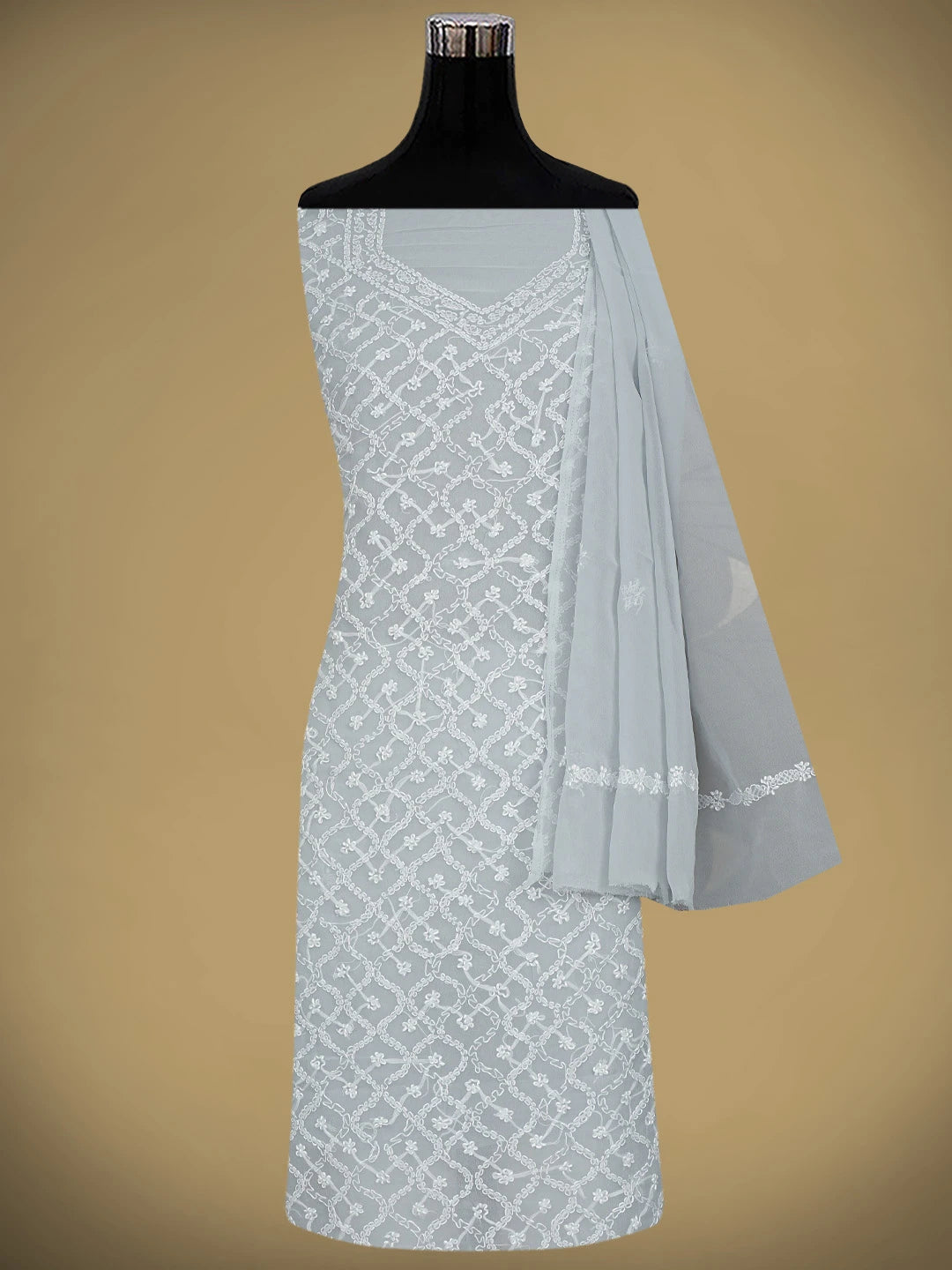 Ada Hand Embroidered Grey Georgette Lucknowi Chikankari Unstitched Suit Piece 01A879203