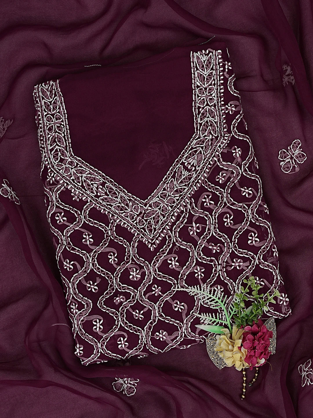 Ada Hand Embroidered Wine Georgette Lucknowi Chikankari Unstitched Suit Piece 01A879240