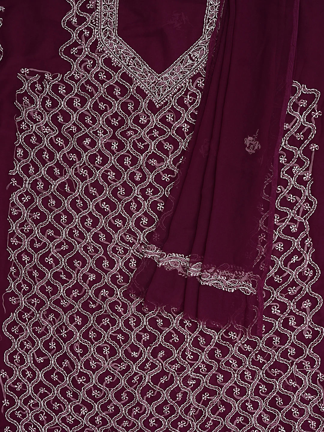 Ada Hand Embroidered Wine Georgette Lucknowi Chikankari Unstitched Suit Piece 01A879240