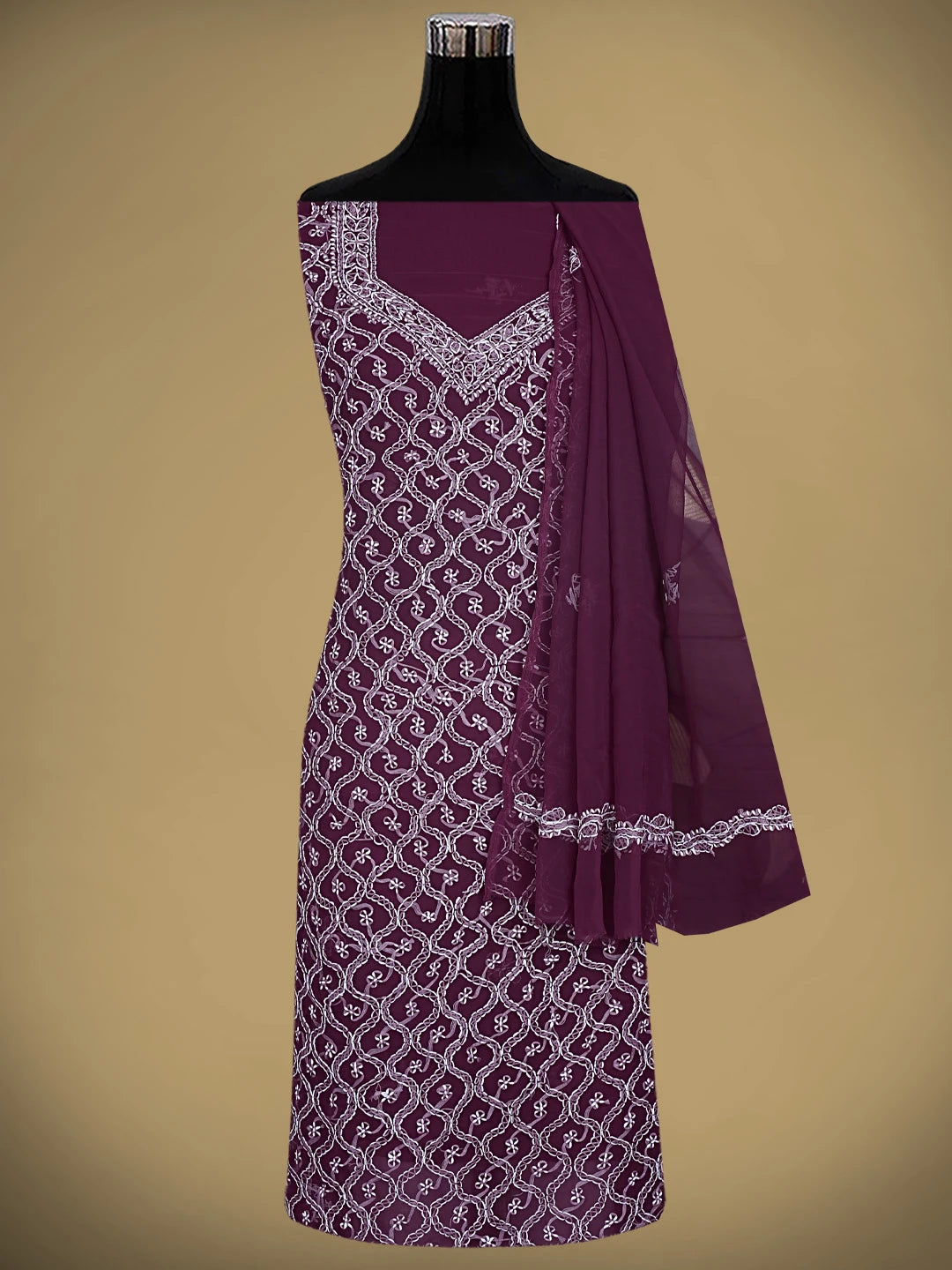 Ada Hand Embroidered Wine Georgette Lucknowi Chikankari Unstitched Suit Piece 01A879240