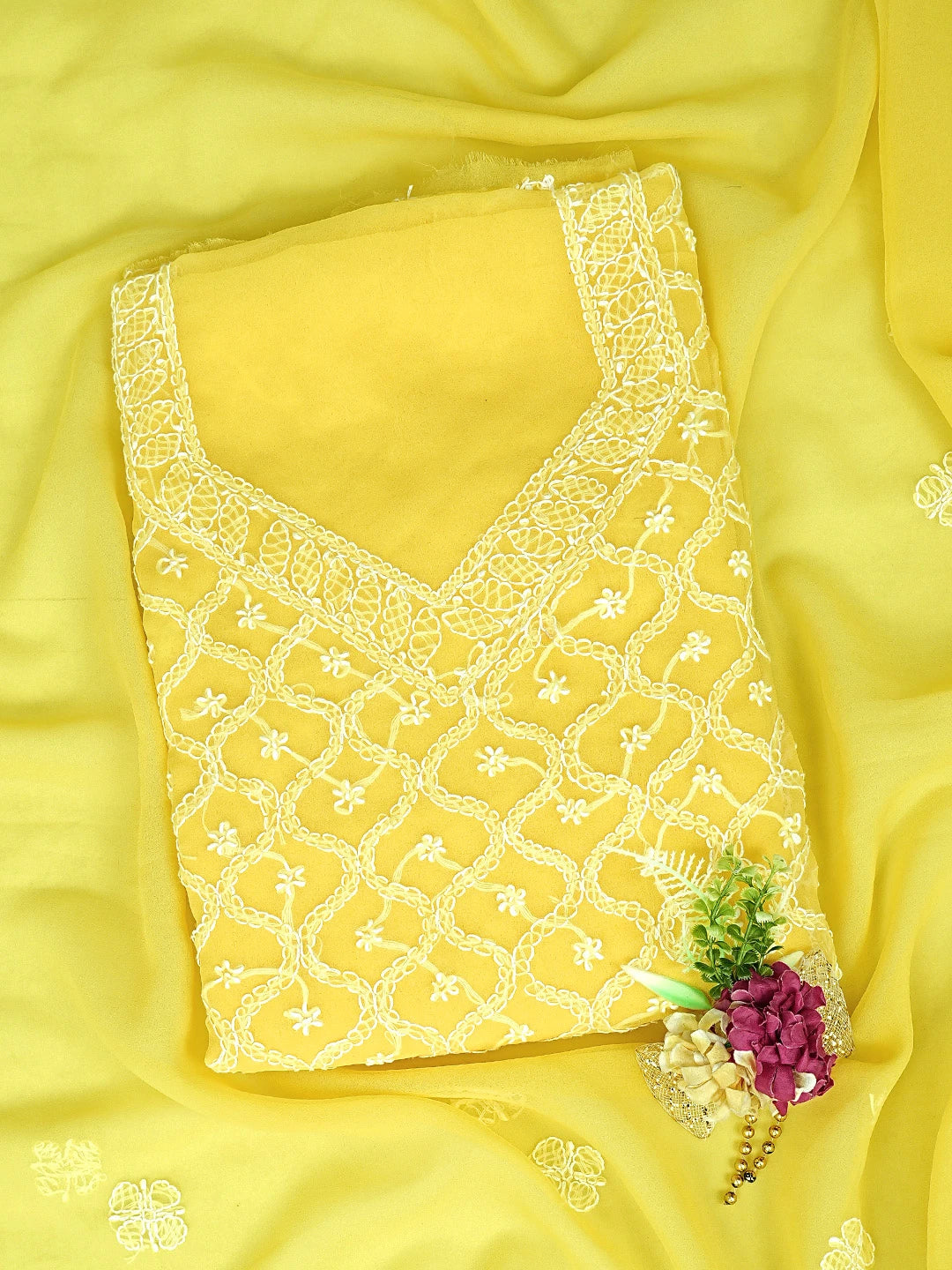 Ada Hand Embroidered Yellow Georgette Lucknowi Chikankari Unstitched Suit Piece 01A879231