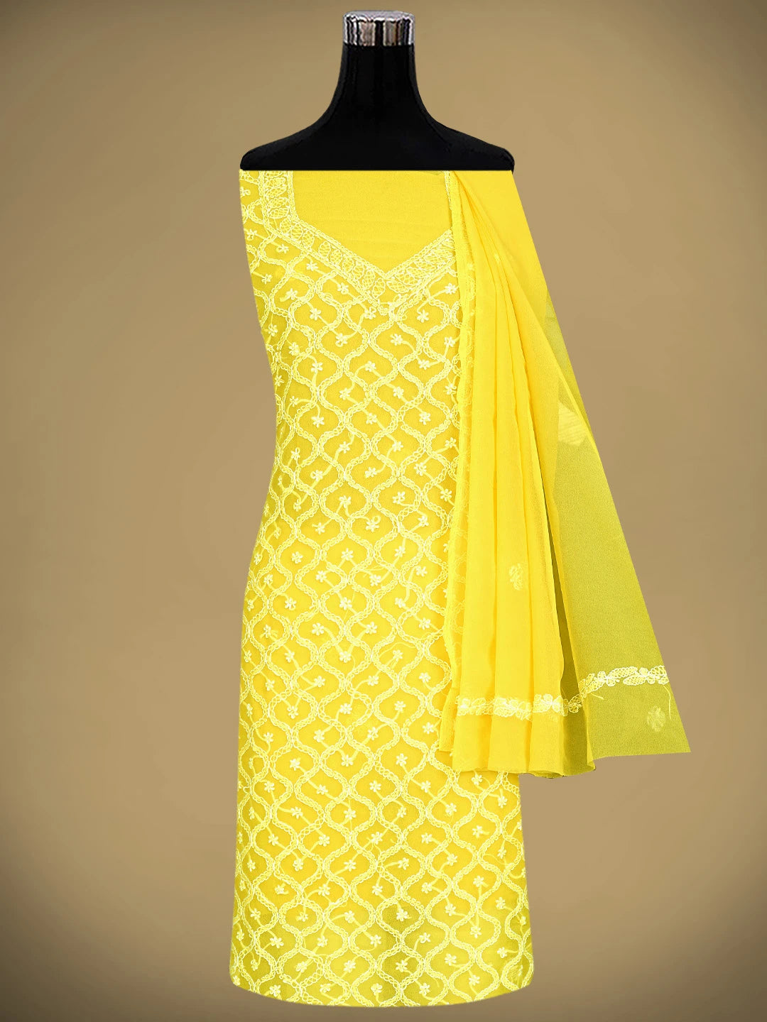 Ada Hand Embroidered Yellow Georgette Lucknowi Chikankari Unstitched Suit Piece 01A879231