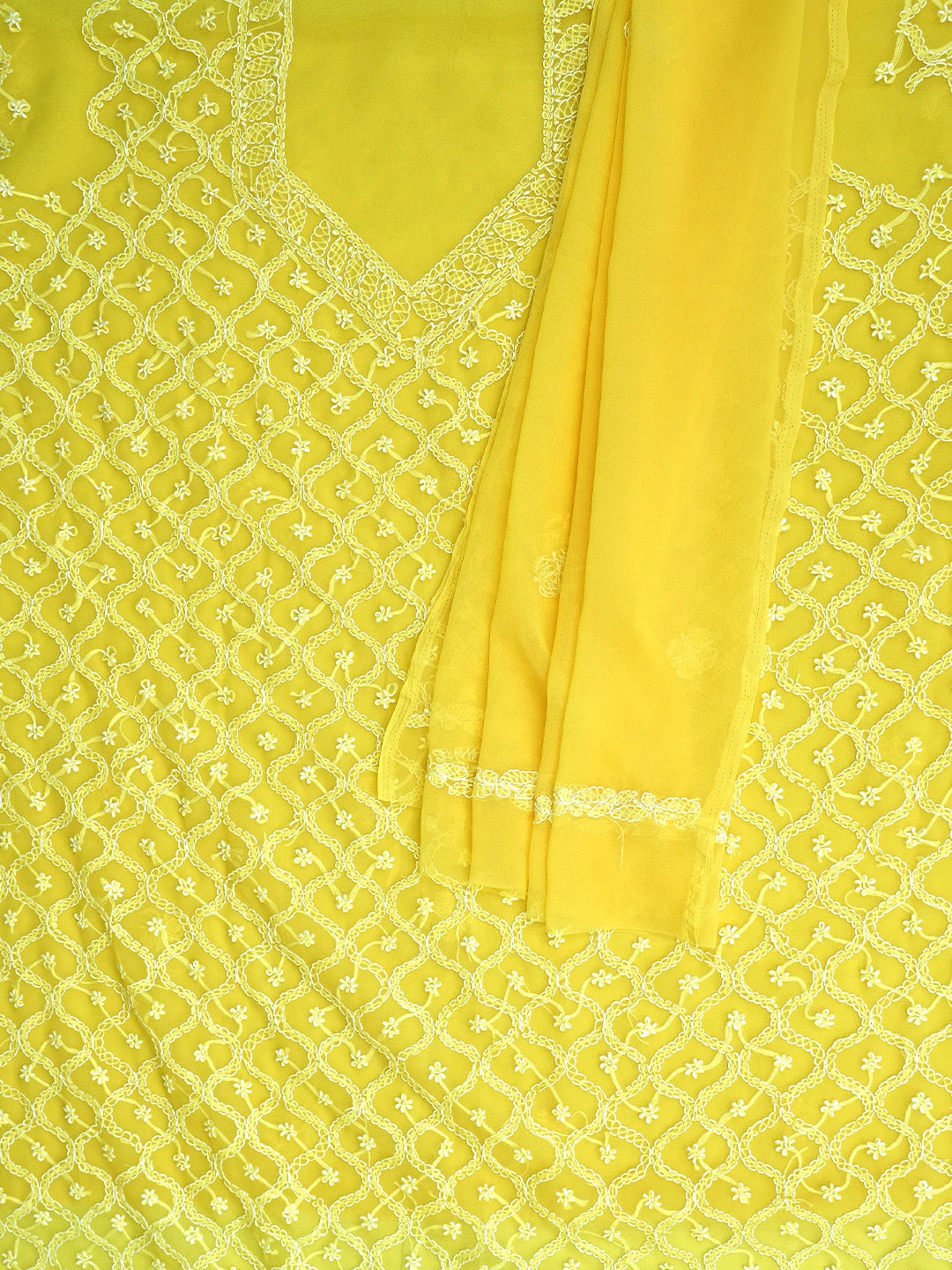 Ada Hand Embroidered Yellow Georgette Lucknowi Chikankari Unstitched Suit Piece 01A879231