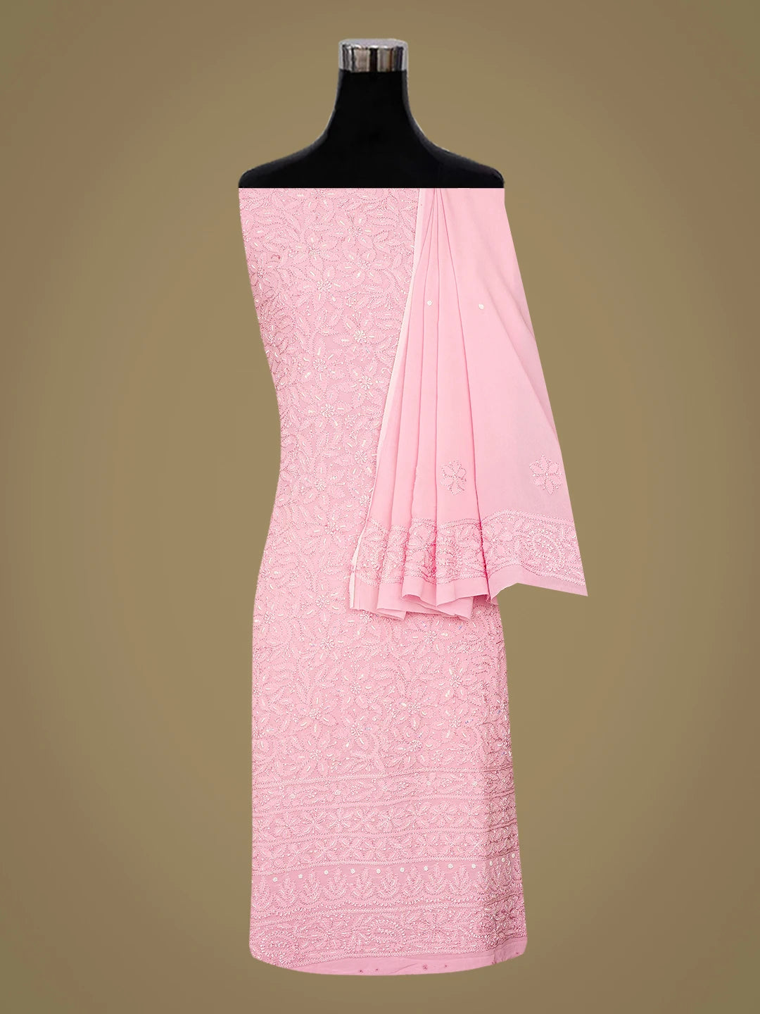 Ada Hand Embroidered Pink Viscose Georgette Lucknowi Chikankari Unstitched Kurta Dupatta Set With Cutdana Work 01A724460