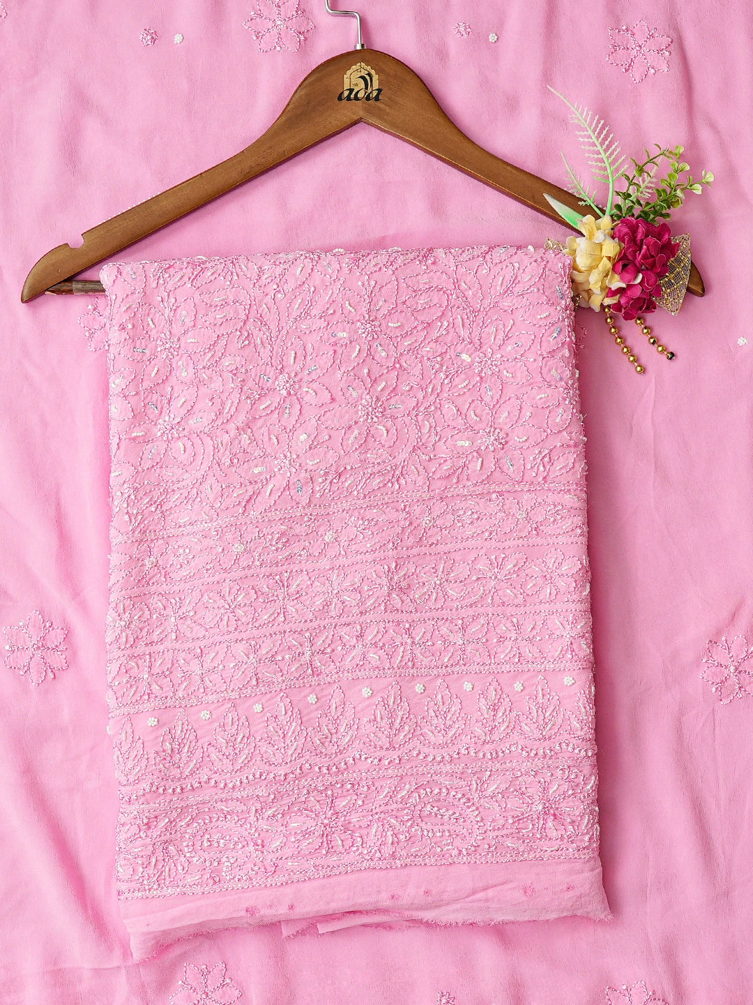 Ada Hand Embroidered Pink Viscose Georgette Lucknowi Chikankari Unstitched Kurta Dupatta Set With Cutdana Work 01A724460
