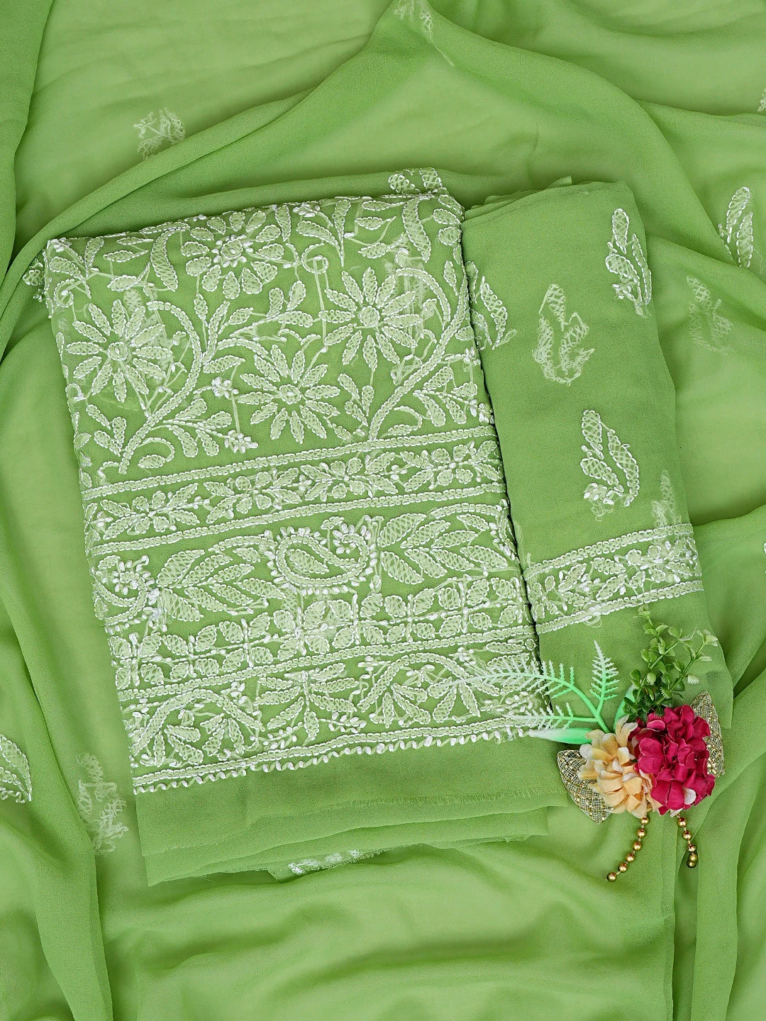 Ada Hand Embroidered Green Georgette Lucknowi Chikankari Unstitched Suit Piece 01A878924