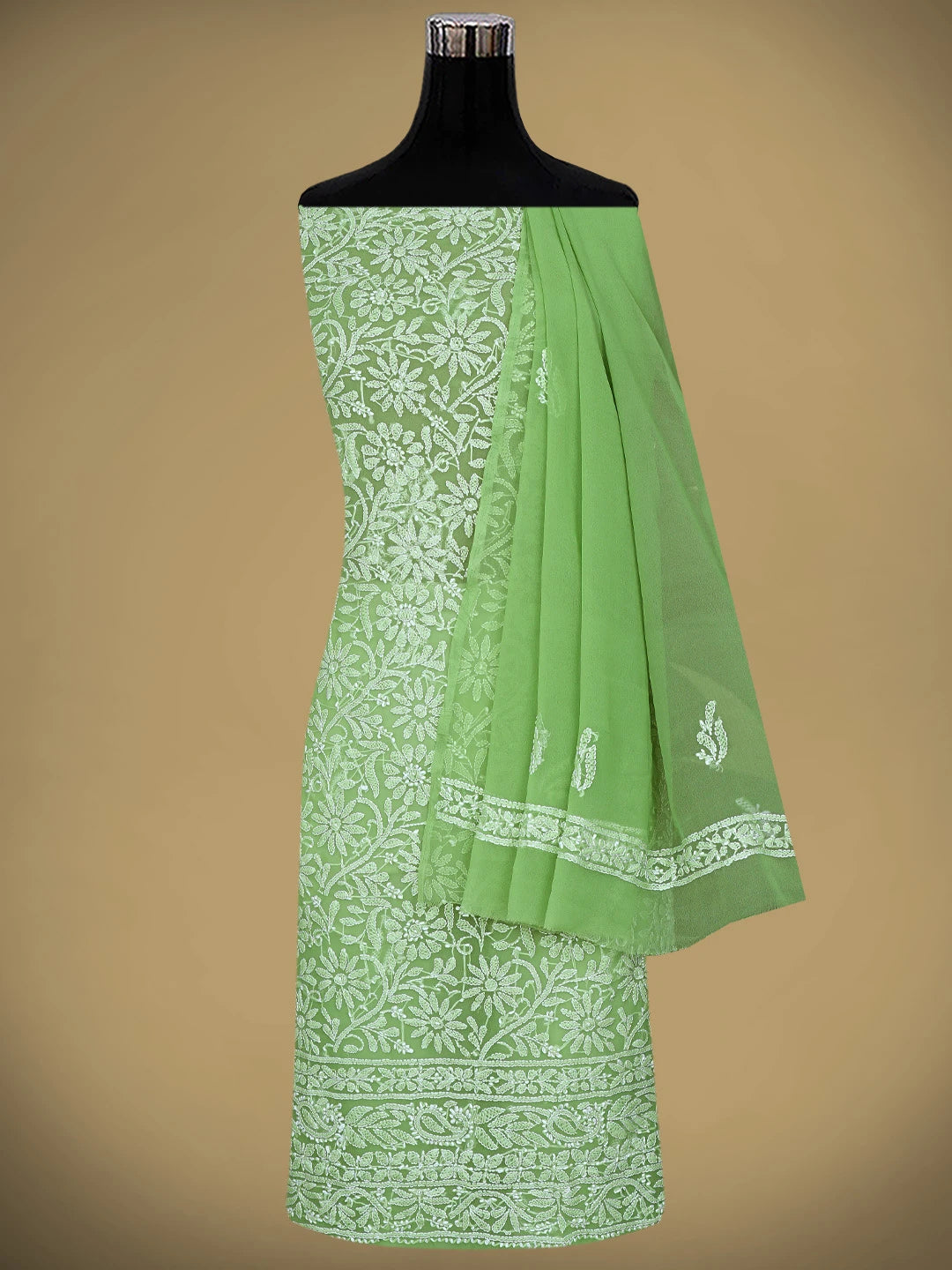 Ada Hand Embroidered Green Georgette Lucknowi Chikankari Unstitched Suit Piece 01A878924