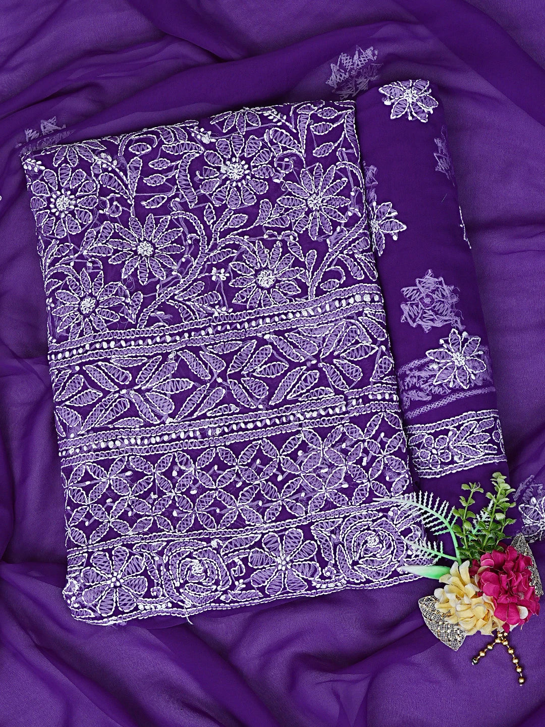 Ada Hand Embroidered Purple Georgette Lucknowi Chikankari Unstitched Suit Piece 01A878925