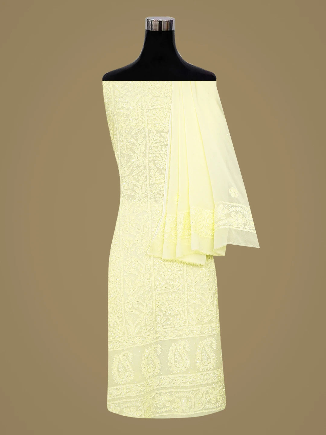 Ada Hand Embroidered Lemon Viscose Georgette Lucknowi Chikankari Unstitched Kurta Dupatta Set With Cutdana Work 01A811759