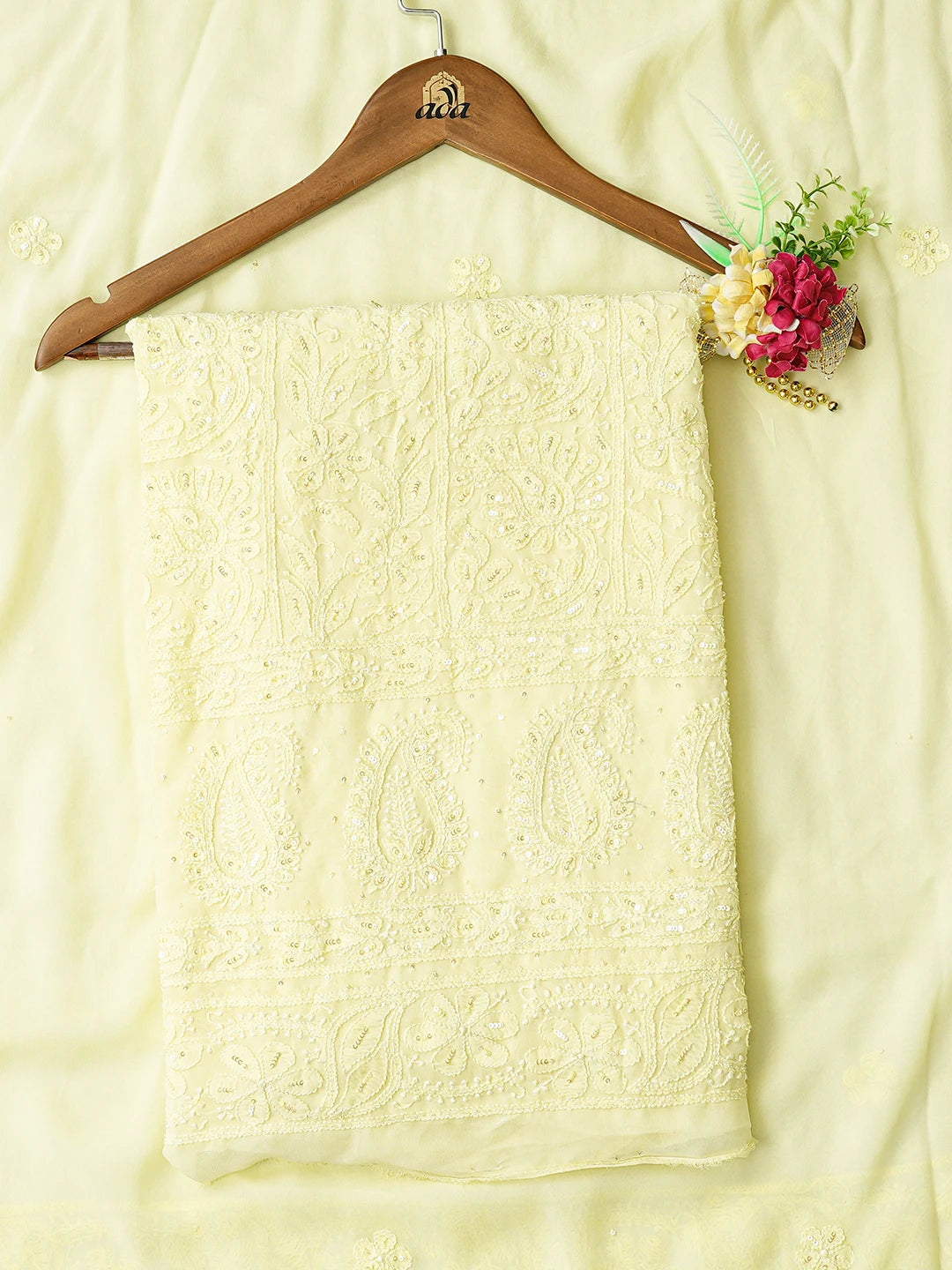 Ada Hand Embroidered Lemon Viscose Georgette Lucknowi Chikankari Unstitched Kurta Dupatta Set With Cutdana Work 01A811759