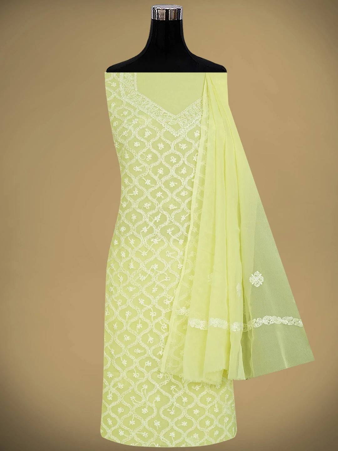 Ada Hand Embroidered Lemon Yellow Georgette Lucknowi Chikankari Unstitched Suit Piece 01A879212