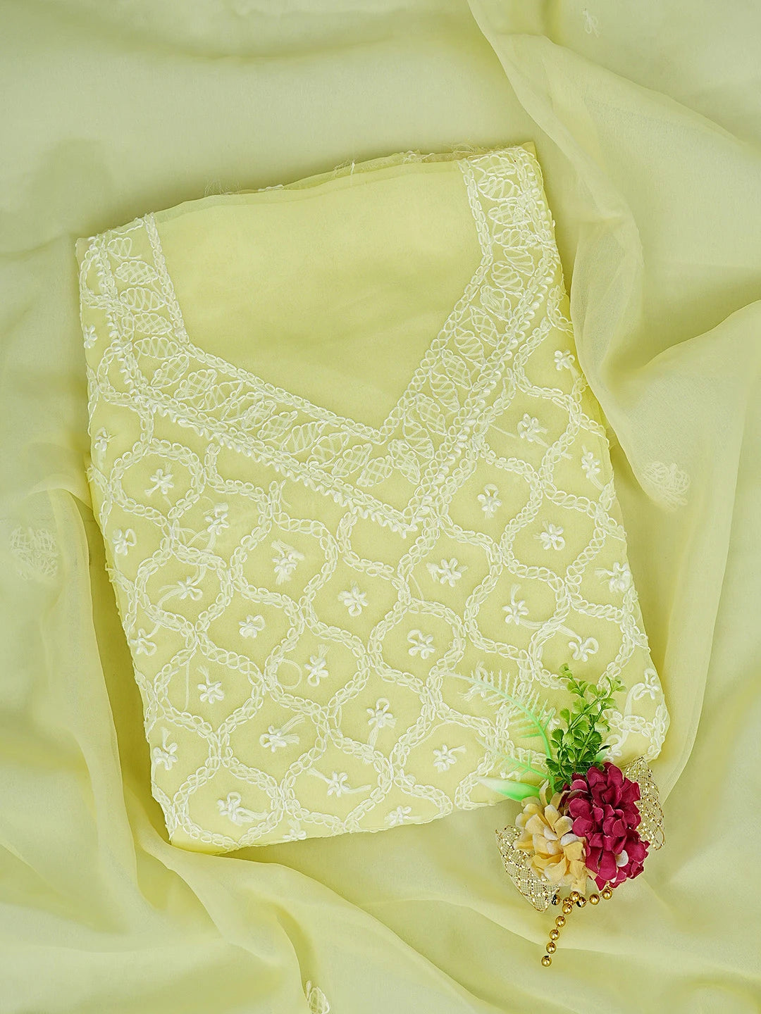 Ada Hand Embroidered Lemon Yellow Georgette Lucknowi Chikankari Unstitched Suit Piece 01A879212