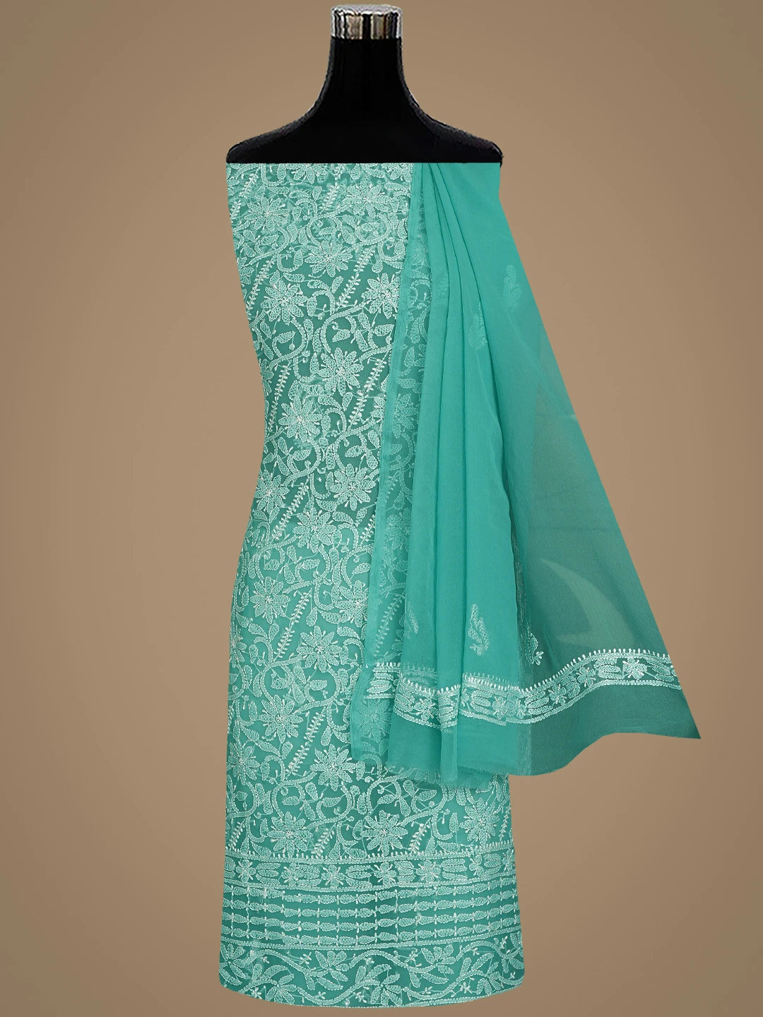 Ada Hand Embroidered Rama Green Georgette Lucknowi Chikankari Unstitched Suit Piece 01A878892